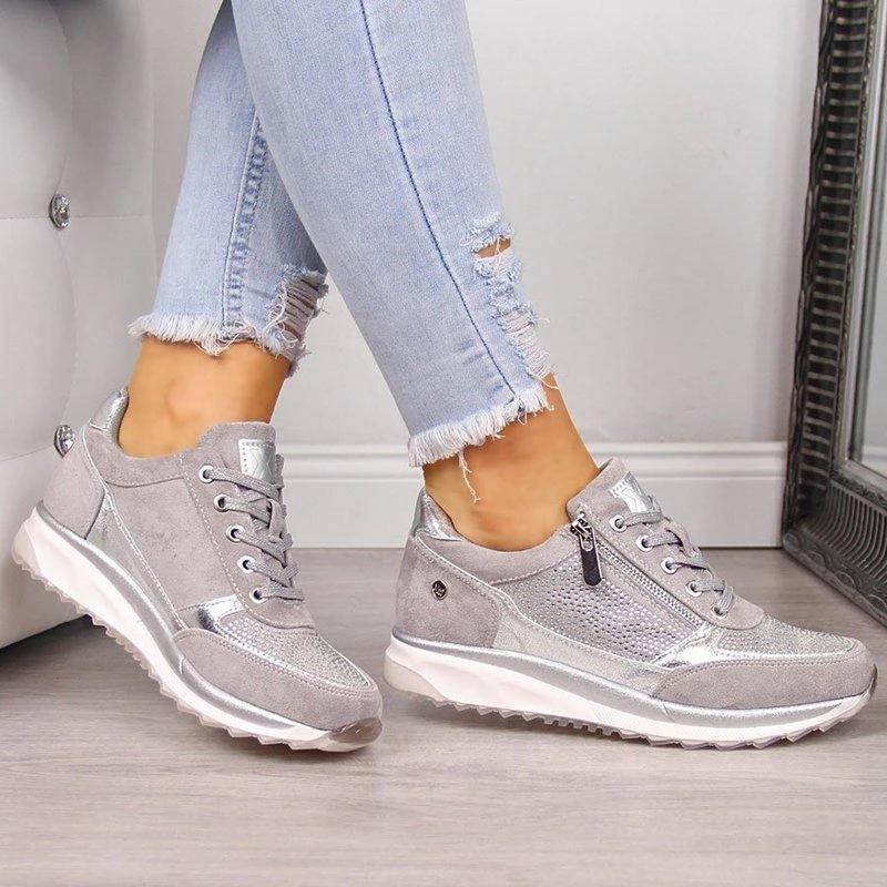 Versatile women's trainers, sparkling rhinestones, zip & lace-up for casual & stylish wear. Everyday comfort.
