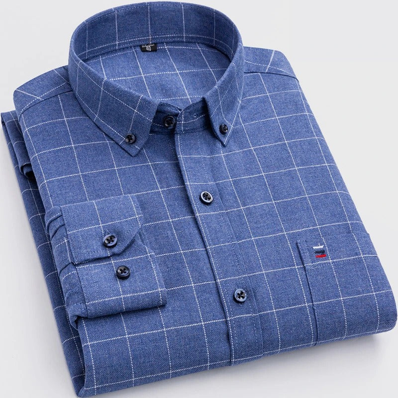 Soft cotton men's plaid shirt, a classic button-down long sleeve for comfortable men's apparel.