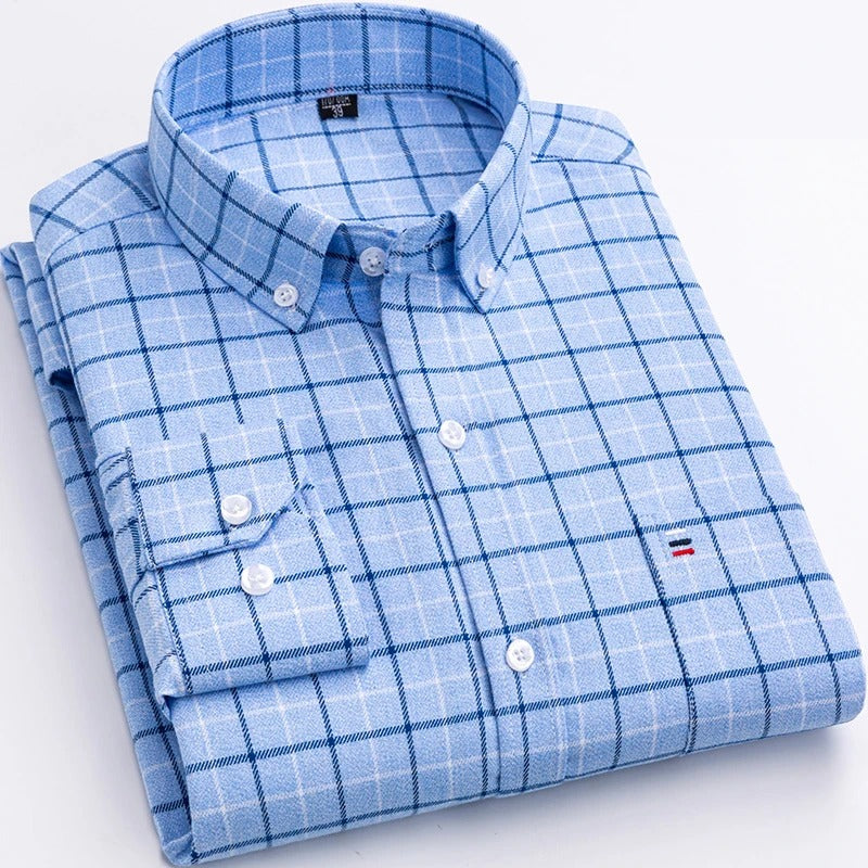 Men's long sleeve button-down checked cotton shirt, perfect for versatile men's apparel.