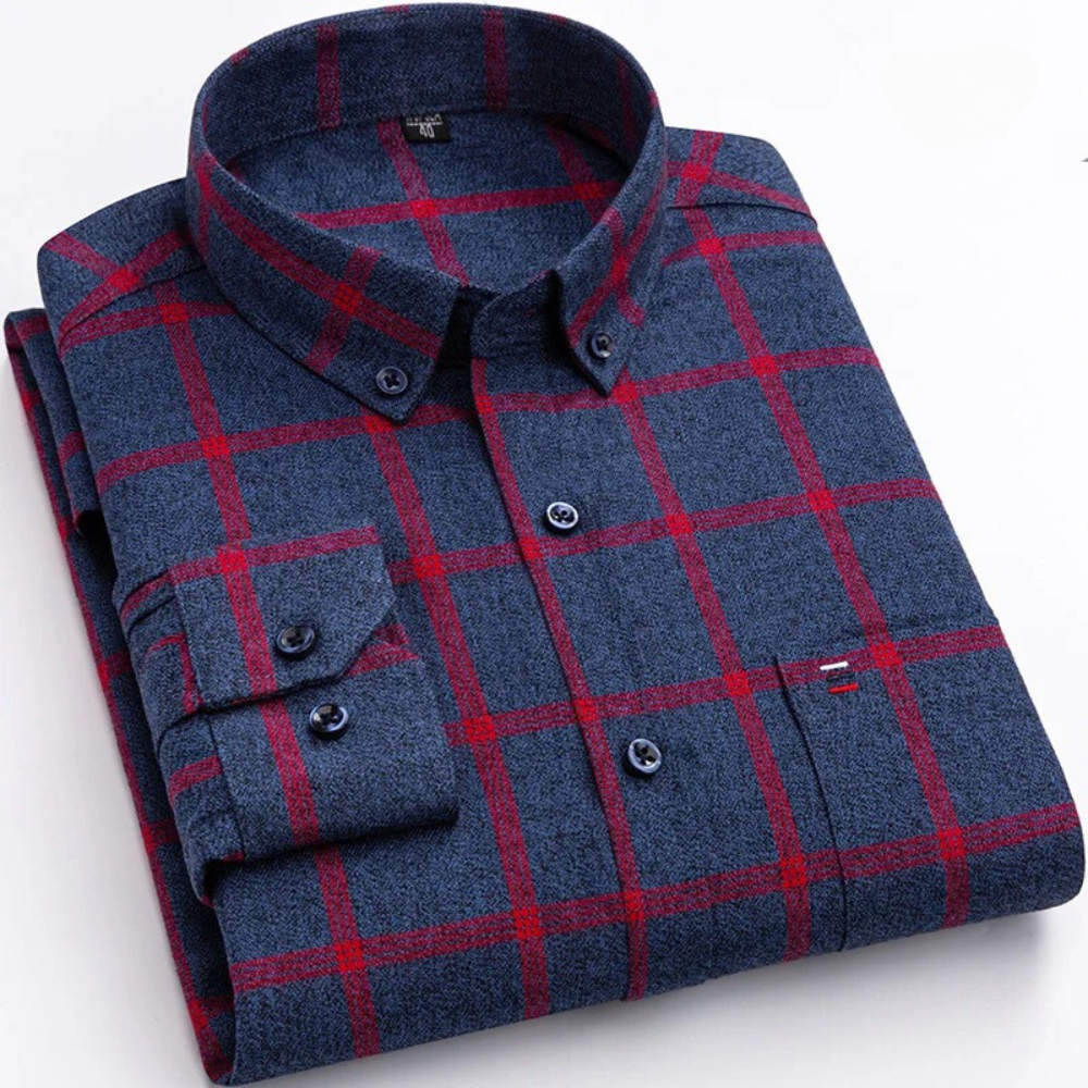 Comfortable men's long sleeve plaid shirt, ideal casual everyday wear in soft cotton.
