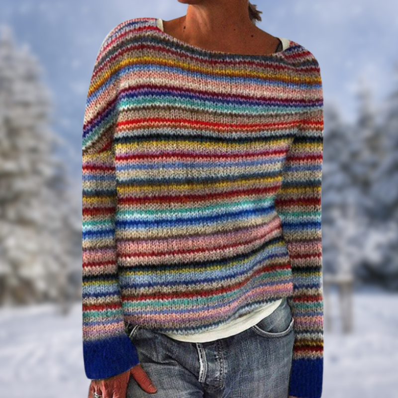 Elegant Liora women's long sleeve pullover, modern stripes, versatile for stylish fall & winter outfits.