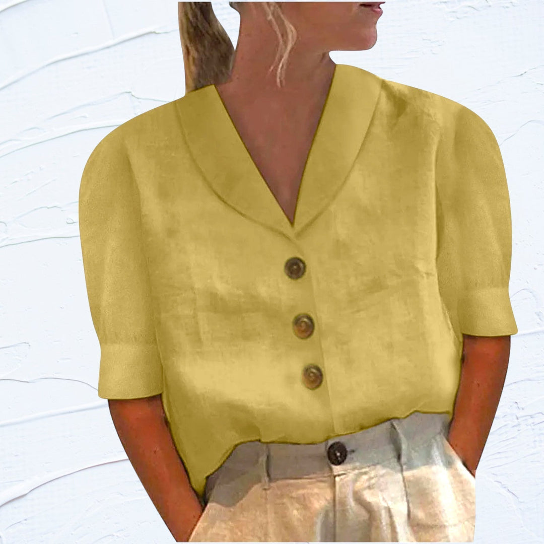 Beautiful solid color women's blouse, elegant button-up collared top for spring/summer fashion.