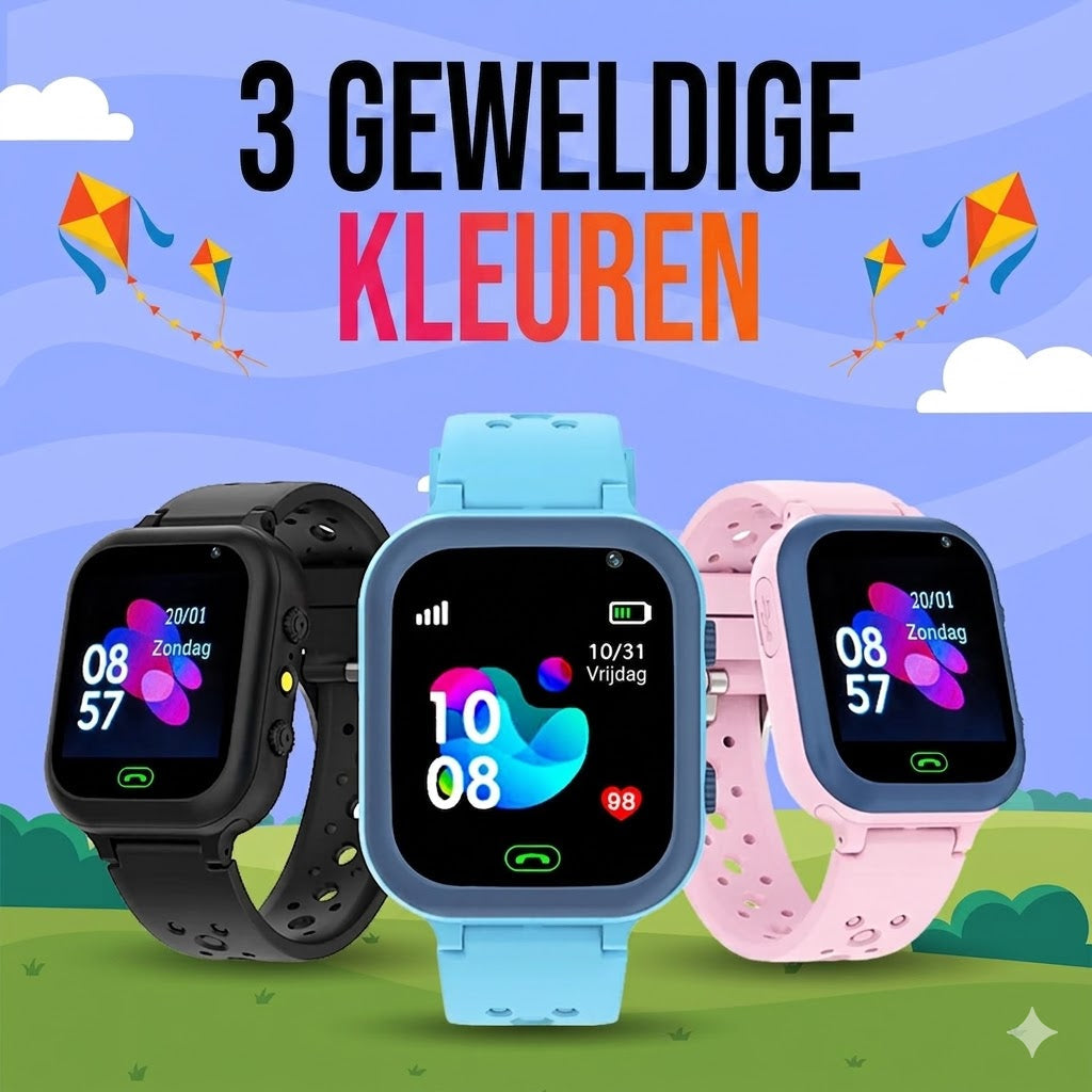 Waterproof children's smartwatch with GPS tracker, SOS emergency call, and safe zone alerts for kids.
