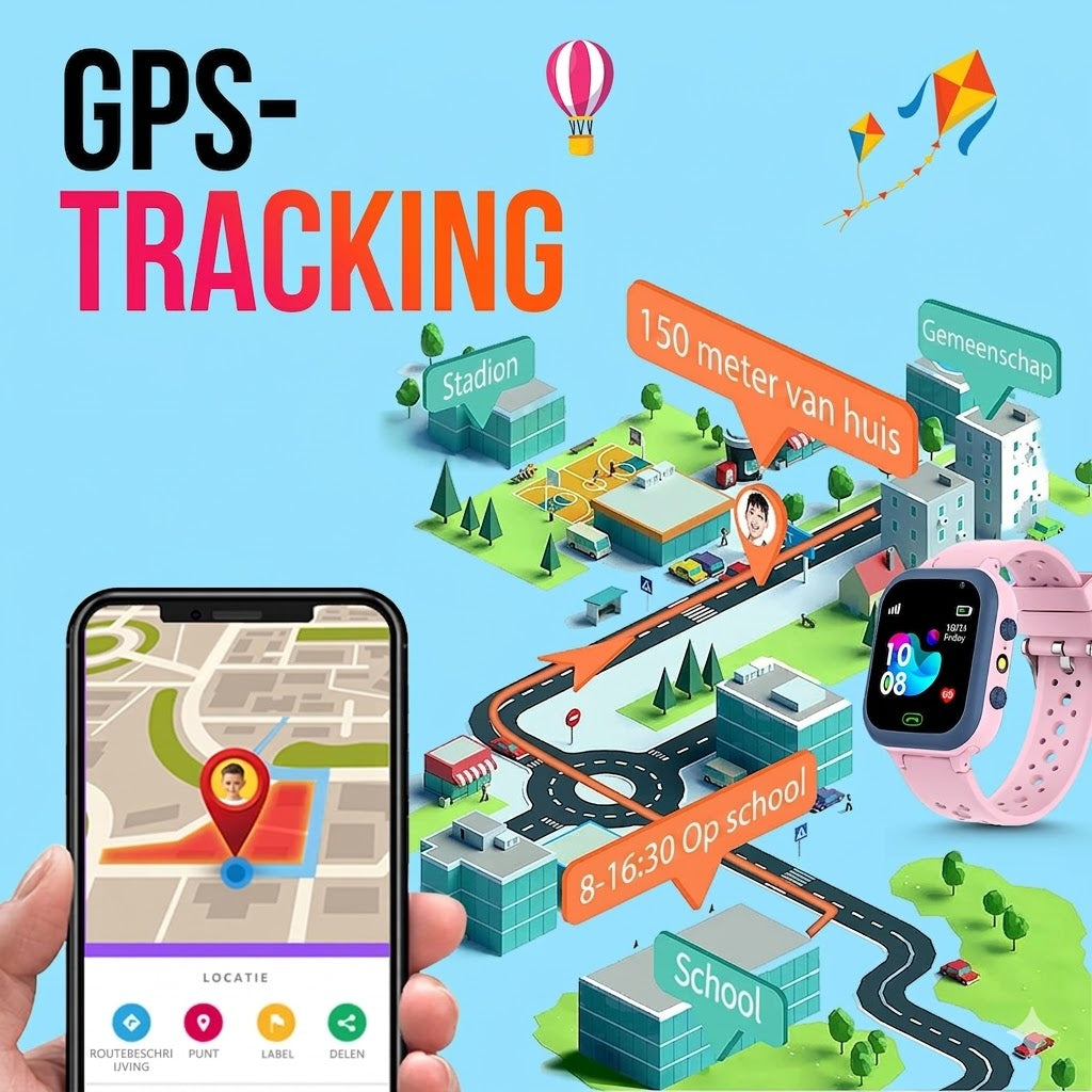 Happy child wearing a blue waterproof GPS smartwatch with video call. Perfect for outdoor play & staying connected.