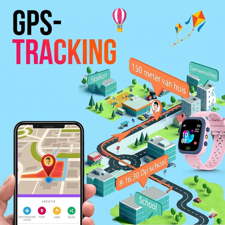 Happy child wearing a blue waterproof GPS smartwatch with video call. Perfect for outdoor play & staying connected.