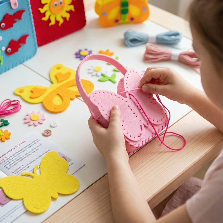 Children's sewing kit with colorful felt shapes, threads, and safety needles for fun DIY craft projects.