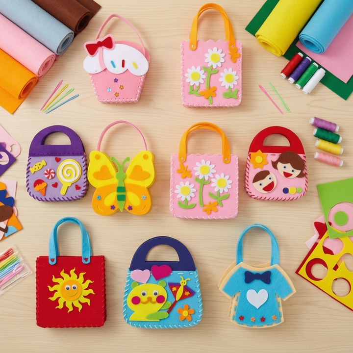 Creative felt craft activity set for kids, includes supplies to make cute felt animals, promoting hands-on learning.
