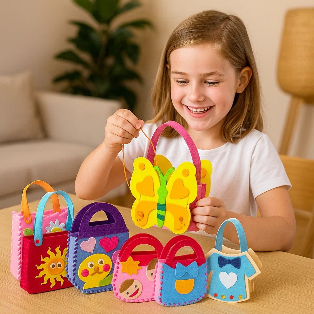 Kids learning to sew with a felt craft kit, developing fine motor skills and creativity through an educational toy.
