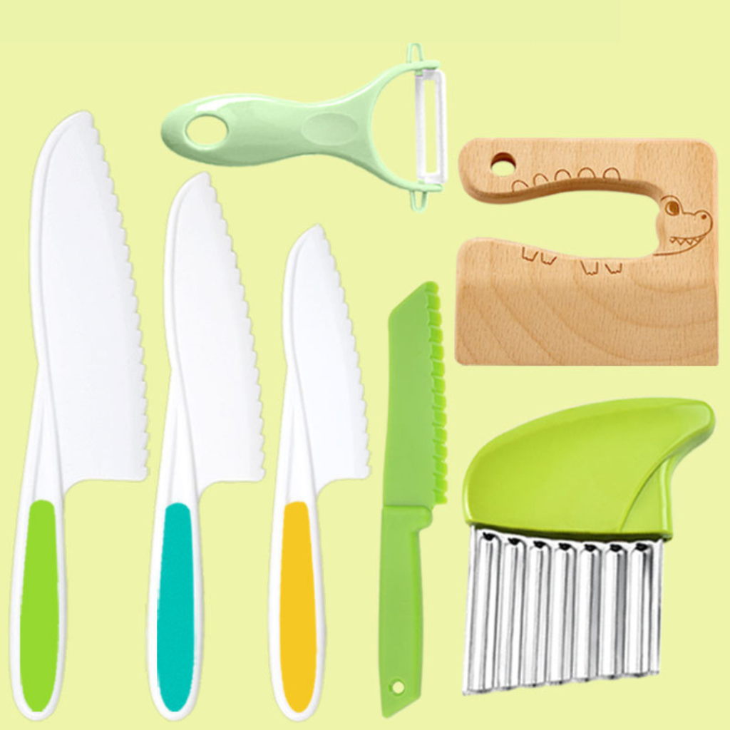 Kids pretend play kitchen set; safe cutting tools for educational cooking activities, food-grade plastic.
