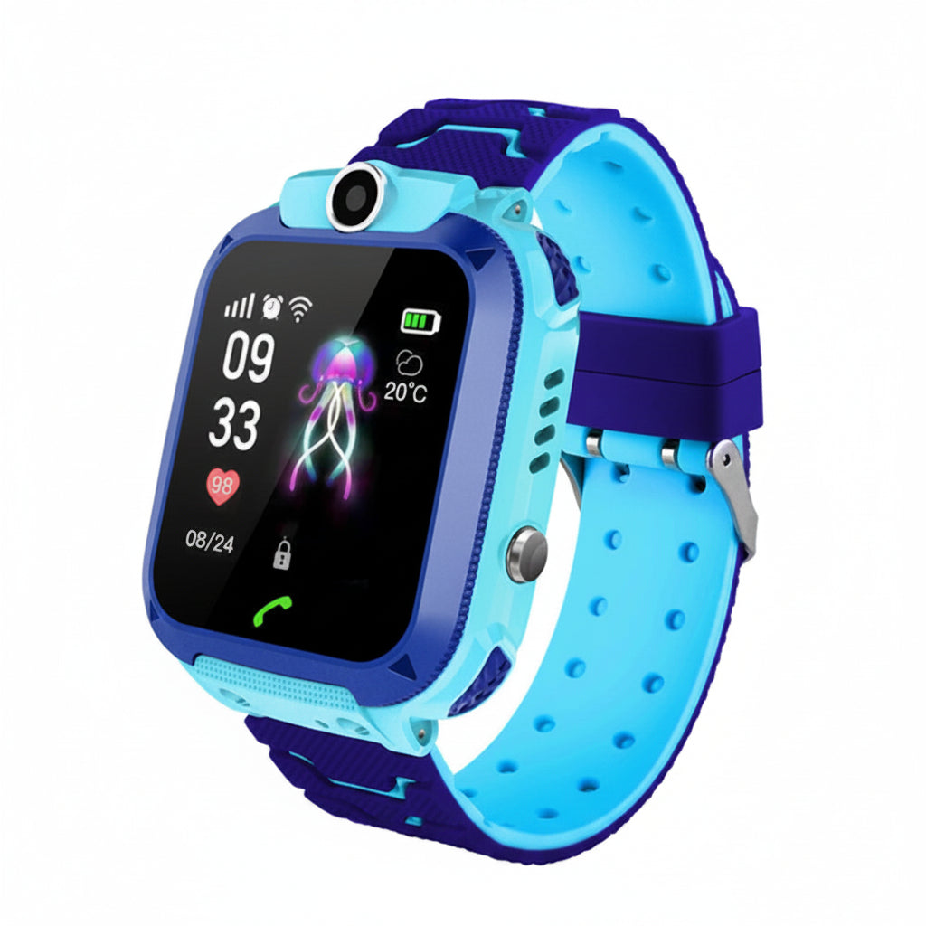 Blue kids' GPS smartwatch with camera, 2-way calling, and safety features for child tracking.