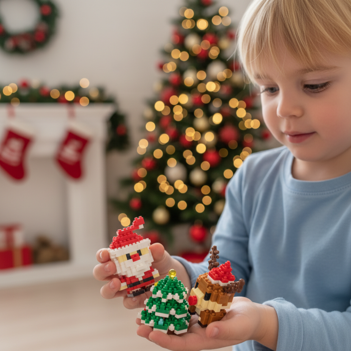 Kids' Christmas building blocks set with Santa, tree & snowman for festive family fun.