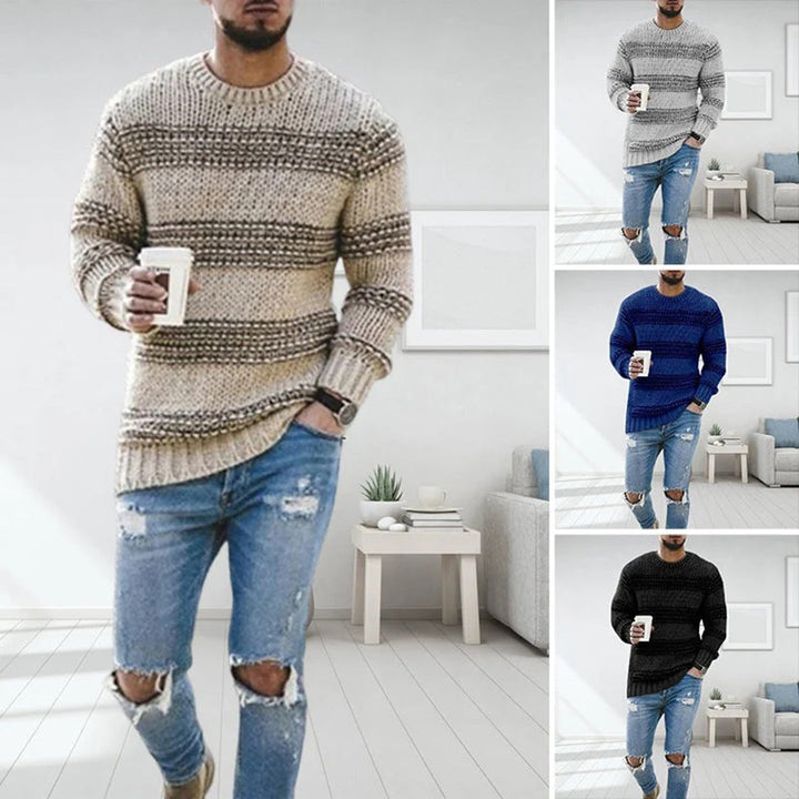 View of men's Arvid chunky knit sweater, showcasing its thick Scandinavian style for winter warmth.