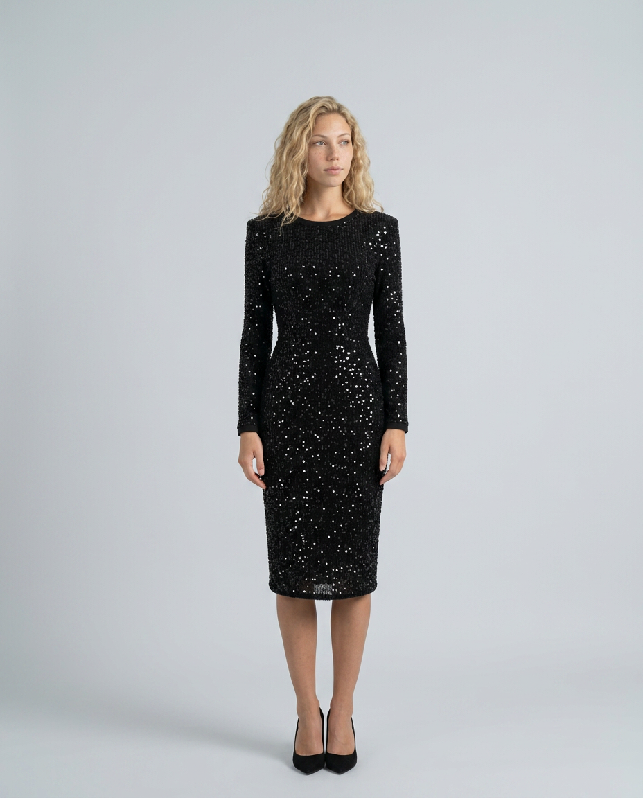 Women's elegant black sequin midi party dress with long sleeves, perfect for evening events & cocktails.