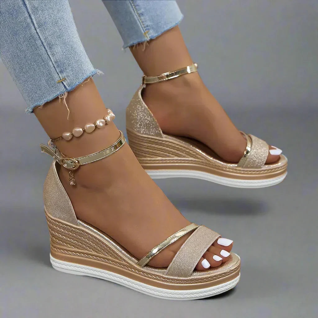 Versatile gold women's comfort sandals, ideal for daily wear. Classic orthopedic design for supportive summer style.