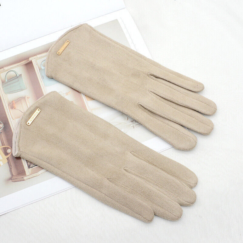 Stylish women's suede gloves with touchscreen compatibility, perfect for cold weather.