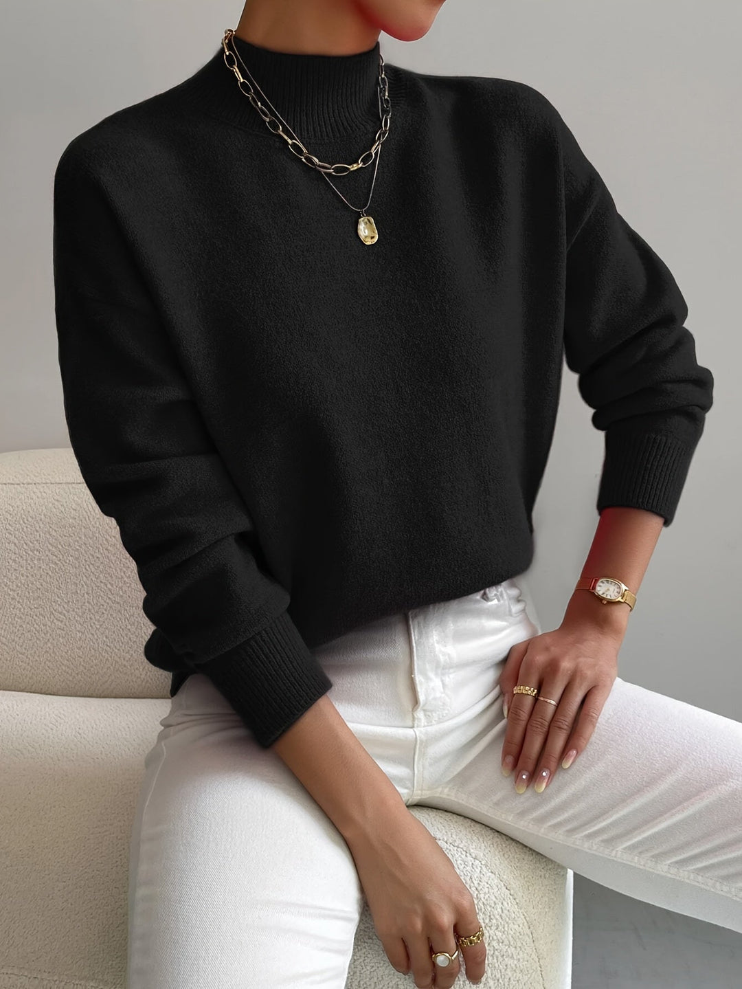 Soft & warm women's mock turtleneck long sleeve sweater, a stylish layering top for fall and winter fashion.