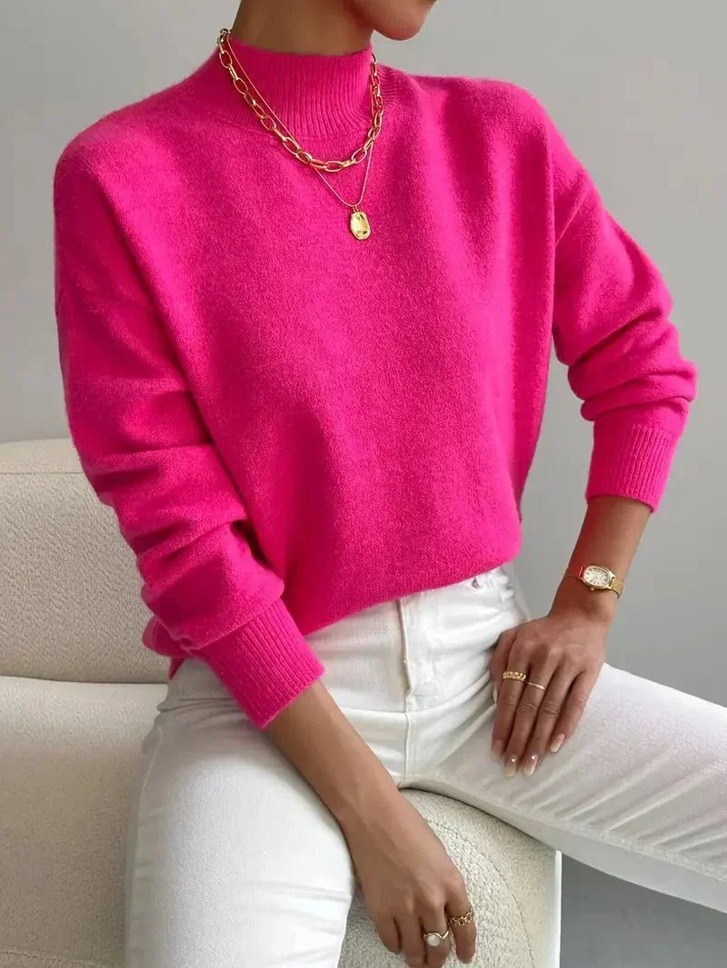 Stylish women's mock turtleneck long sleeve sweater, perfect for fall fashion, winter warmth & elegant layering.