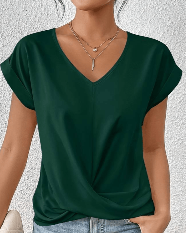 Women's V-neck twist hem short sleeve top in a relaxed, flattering fit, perfect for casual everyday wear.