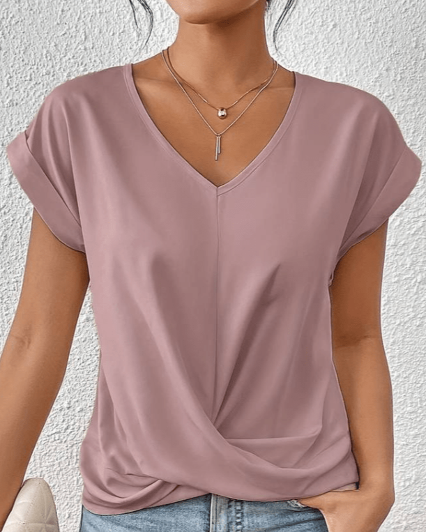 Versatile women's V-neck twist hem short sleeve top, offering a flattering relaxed fit for daily fashion.