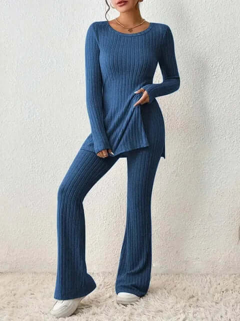 Elegant women's two-piece co-ord set with flared high-waist trousers and a matching long-sleeve top.