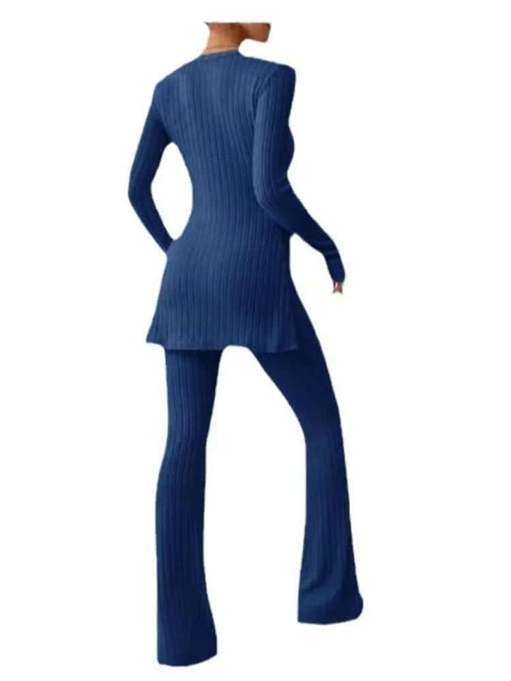 Women's versatile co-ord set: a comfortable long-sleeve top and elegant flared high-waist trousers.