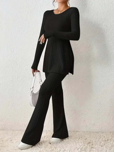 Women's versatile co-ord set featuring a stylish long-sleeve top and high-waisted flared trousers.