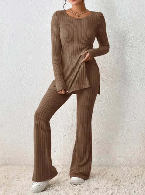 Sophisticated women's co-ord: fitted long-sleeve top & elegant high-waist flared pants, perfect for chic lounge.