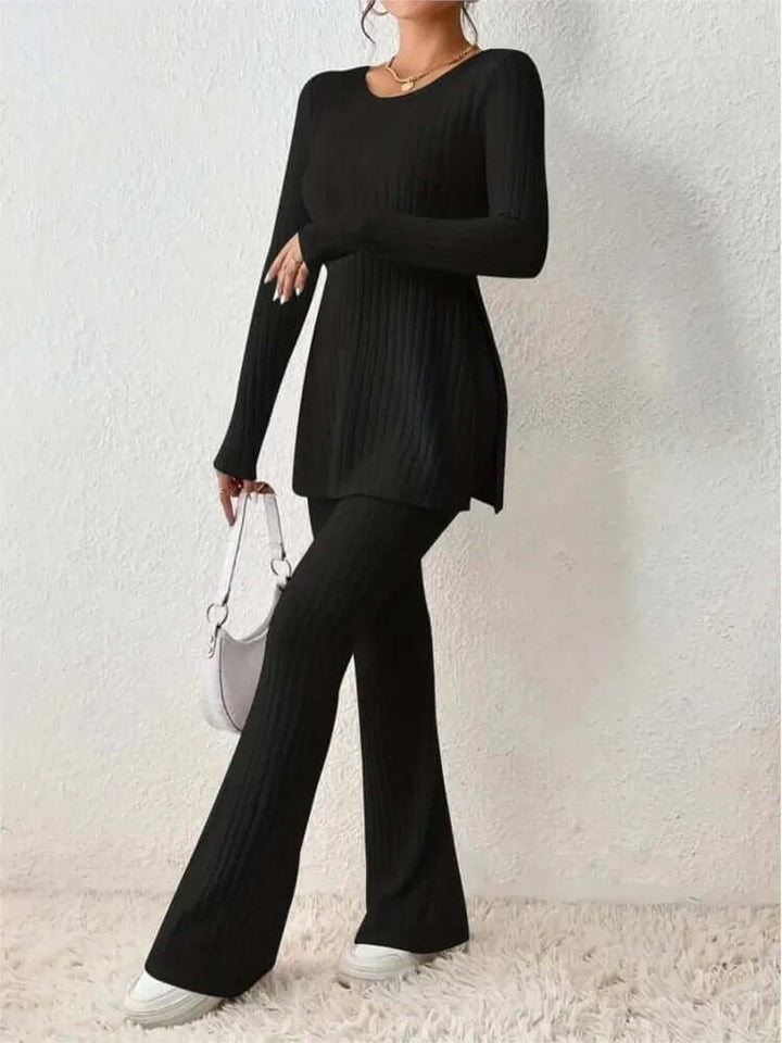 Stylish women's co-ord with a long-sleeve top and comfy flared high-waist pants, ideal for lounge or outings.