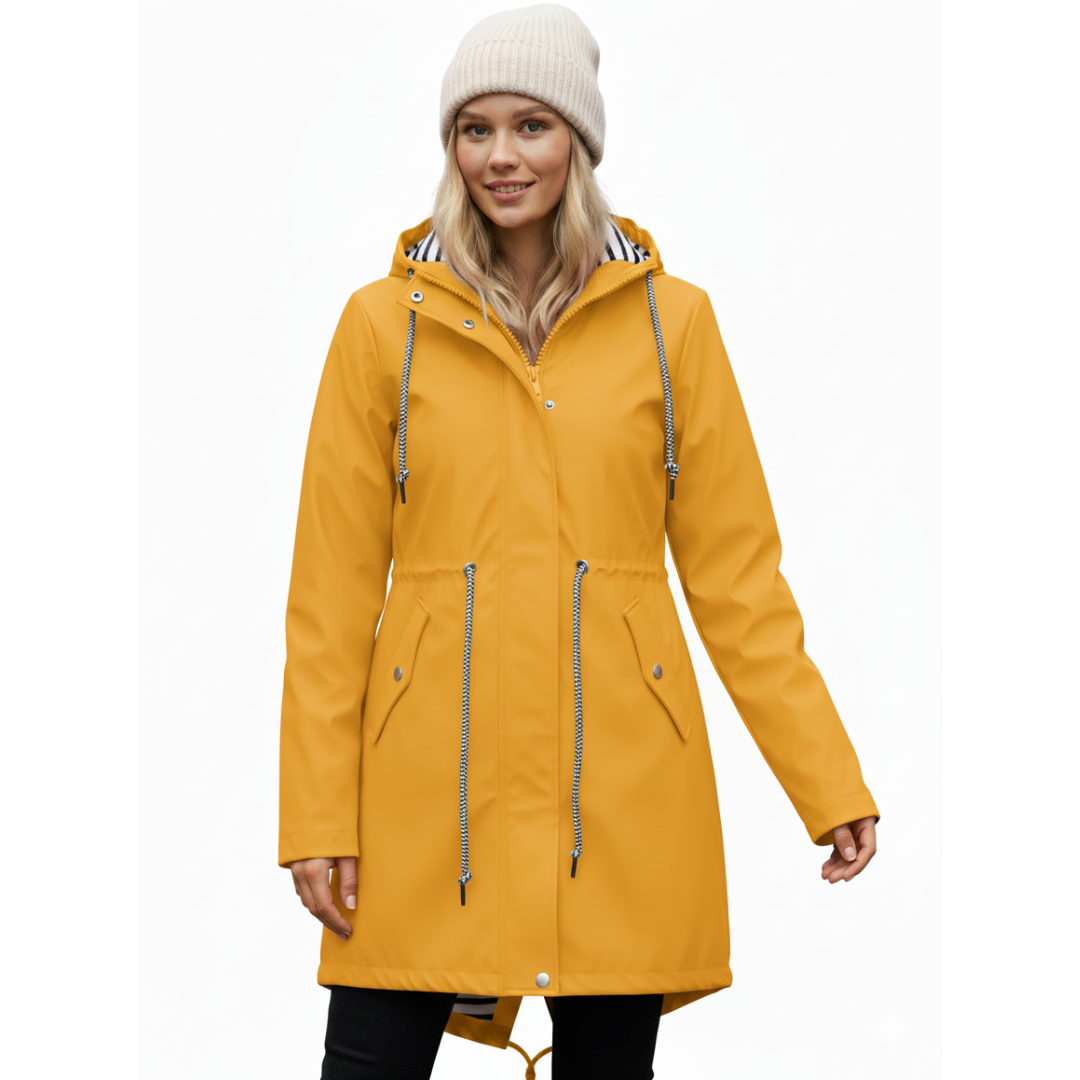 Stylish women's waterproof rain jacket, lightweight outerwear perfect for daily commute, travel, and adventure.