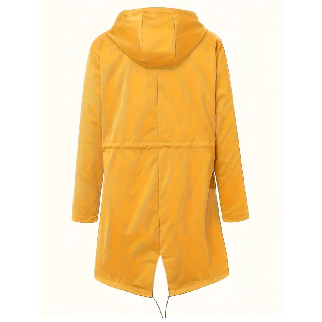 Modern women's waterproof rain jacket, lightweight & stylish for active commutes, travel, and outdoor excursions.