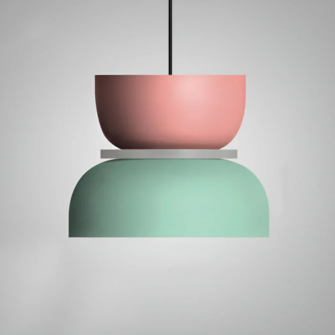 Round macaron LED pendant light in playful colors, ideal for modern bedroom or children's room decor.
