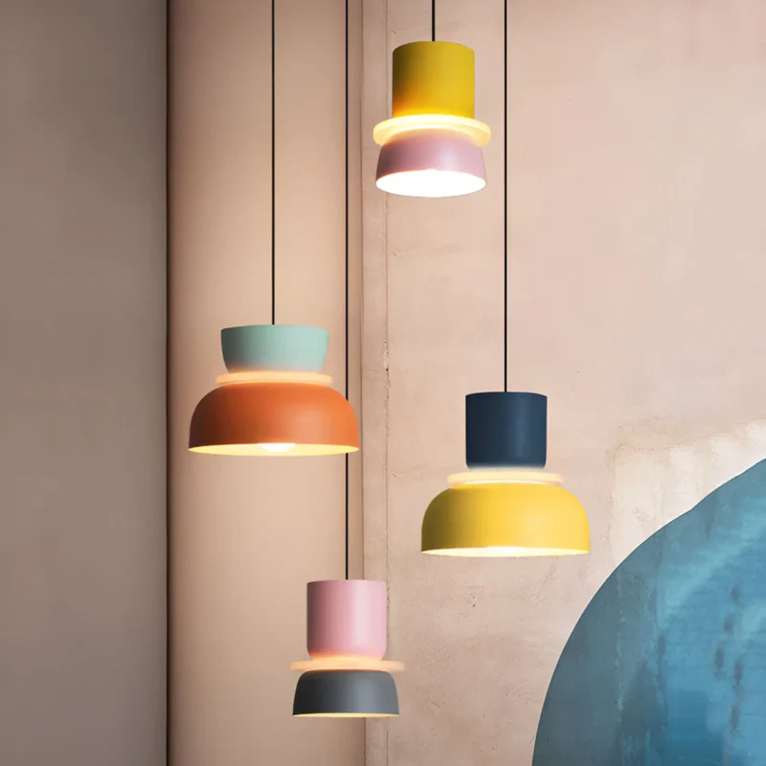 Contemporary colorful macaron LED pendant lamp, perfect for dining room, bedroom, or living room lighting.