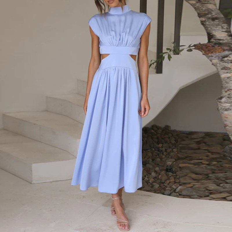 Versatile women's elegant high-neck pleated midi dress, a comfortable stretch piece for any fashion look.