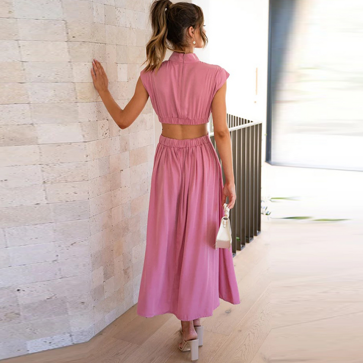 Chic women's high-neck pleated midi dress, ideal for parties, casual outings, or stylish vacation wear.