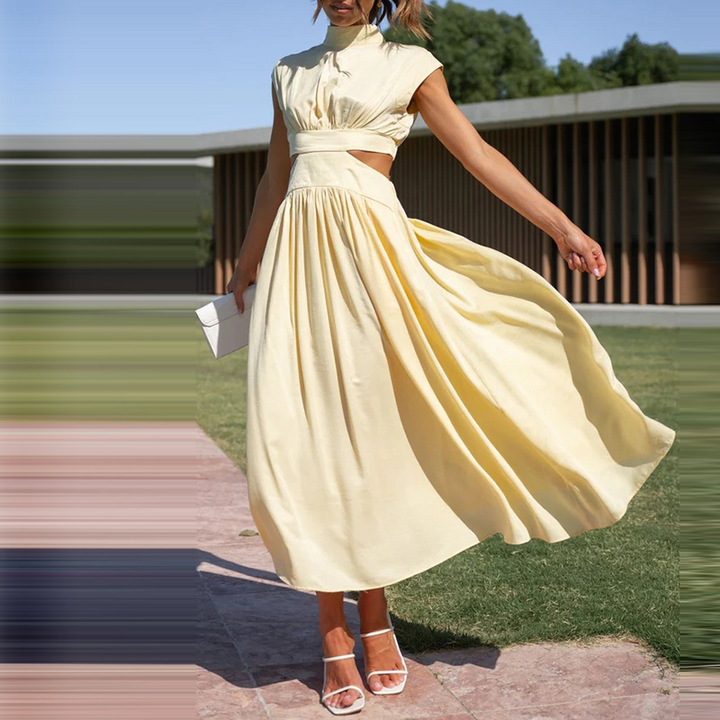 Fashionable women's high-neck pleated midi dress, a perfect blend of elegant style and casual comfort.
