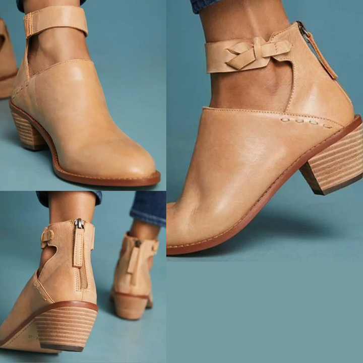 Women's ankle booties with stylish cutout details and a comfortable chunky block heel, perfect for fall fashion.