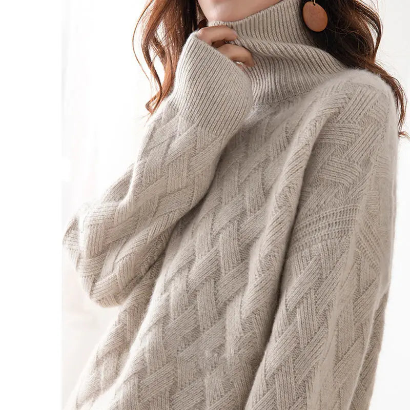 Women's long sleeve turtleneck pullover with geometric knitwear. A versatile & cozy piece for winter fashion.