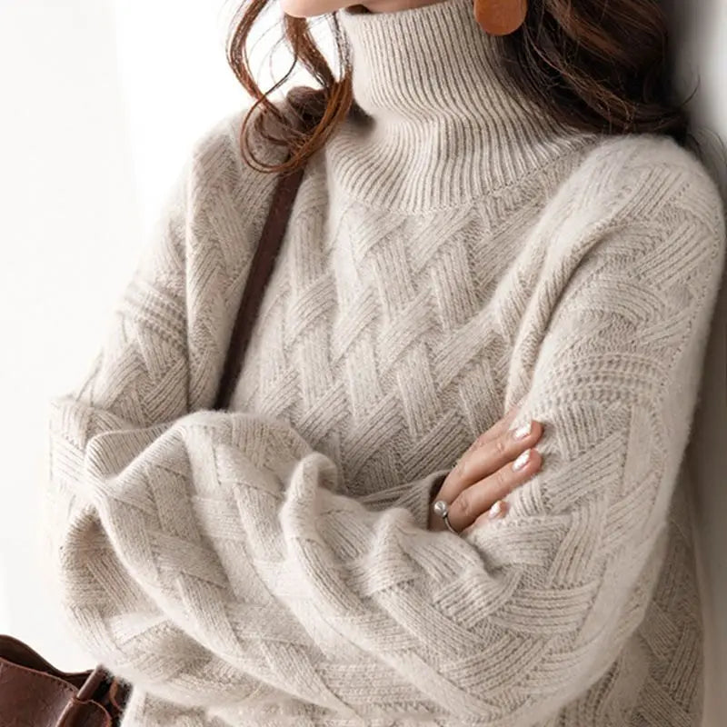 Women's geometric knit turtleneck pullover. Cozy long sleeve jumper, perfect for casual winter chic.