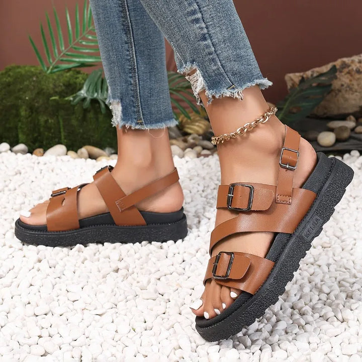 Senior women's summer sandals, highly comfortable with arch support and a slip-resistant design for safety.