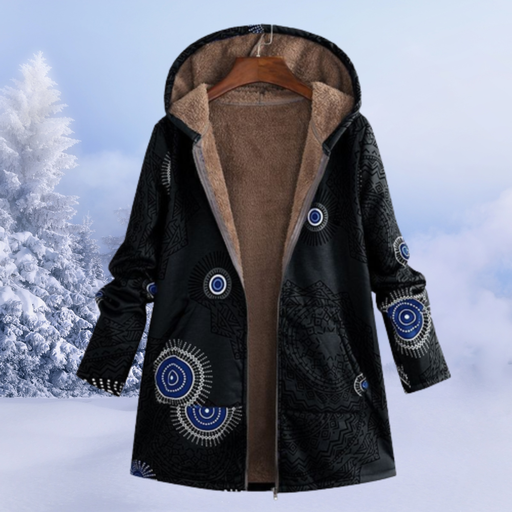 Cozy hooded women's floral winter jacket in Ivy print, providing comfortable and stylish protection from cold.