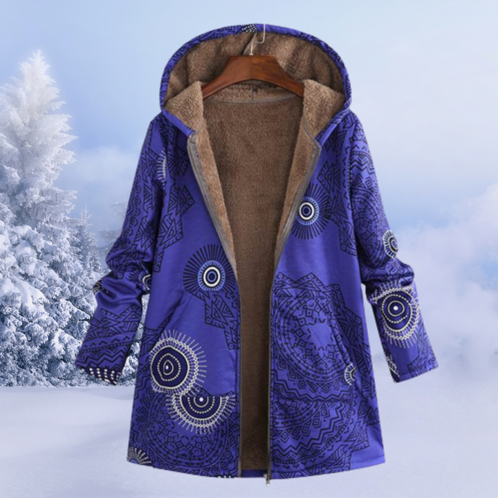 Vibrant floral pattern on a women's comfortable winter jacket. Stylish and warm outerwear for cold weather.