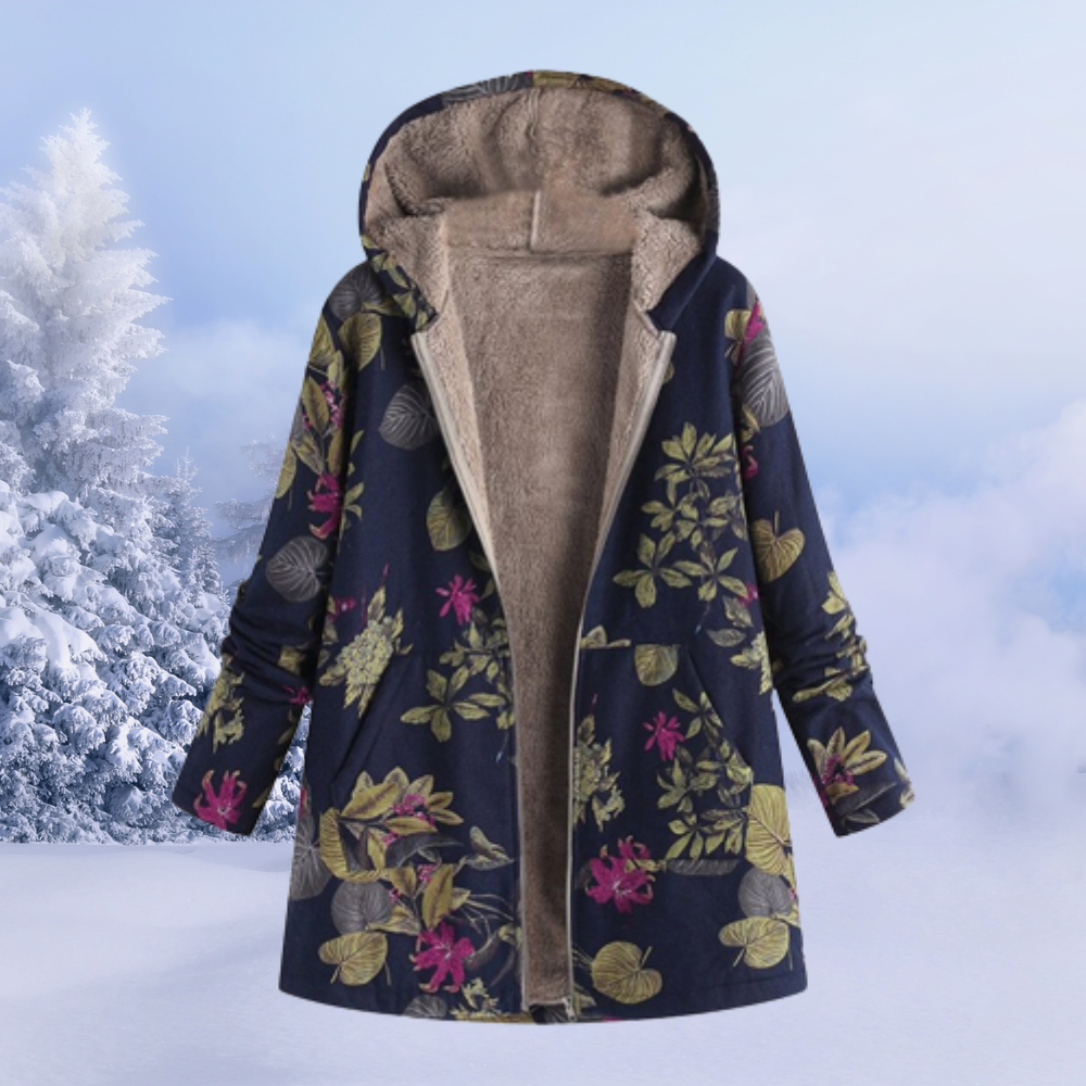 Comfortable women's floral winter coat, designed with a hood for ultimate warmth and a fashionable look.