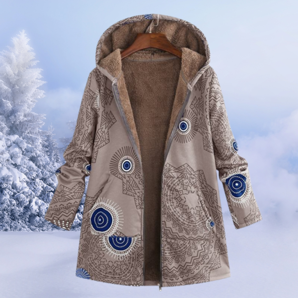 Stylish women's floral print winter jacket for fall fashion. Warm outerwear for comfortable cold weather wear.