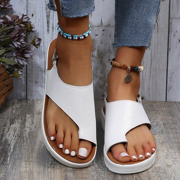 Front view of women's supportive bunion sandals, showing wide toe box and durable back strap.