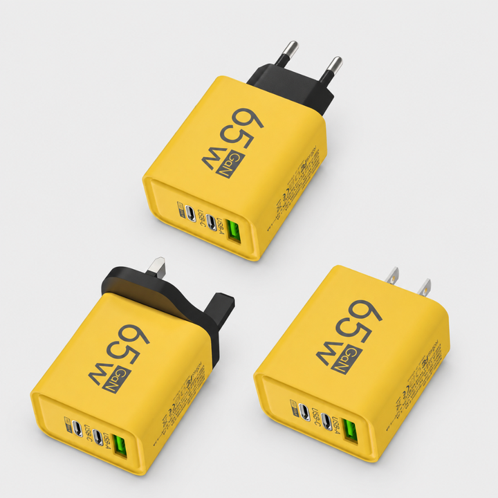 Compact GaN wall charger with multiple USB-C & USB-A ports for fast universal charging on the go.