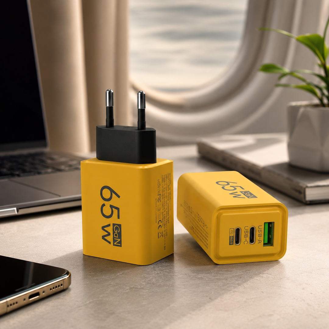 Powerful GaN wall charger featuring dual USB-C and USB-A ports for universal fast charging of multiple devices.
