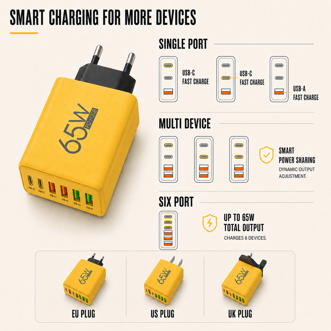 Modern GaN fast charger. Universal multi-port wall adapter for simultaneous high-speed USB-C & USB-A device power.