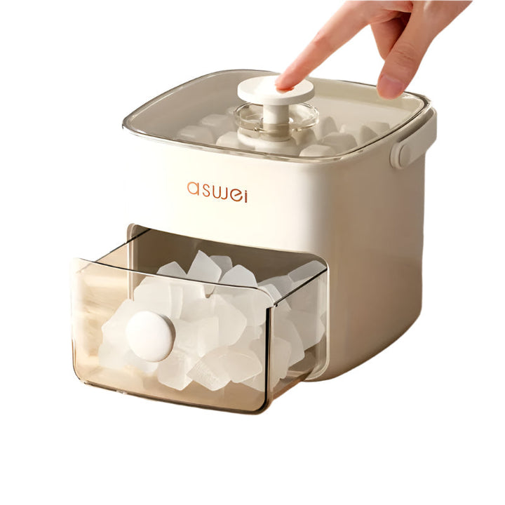 Compact countertop ice maker for home, quickly produces ice cubes for refreshing drinks.