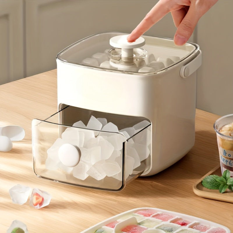 Compact countertop ice maker for home & office use, producing fast ice cubes quietly for refreshing drinks.