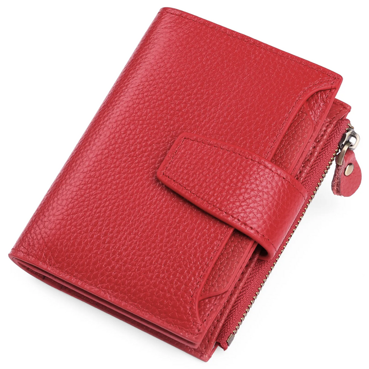 Women's mini leather wallet, RFID blocking security for cards, cash, and small items.
